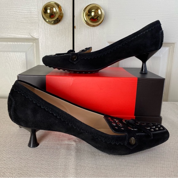 TOD’s Billie Studs & Lace Black Suede Kitten Heel Loafers - Picture 3 of 12